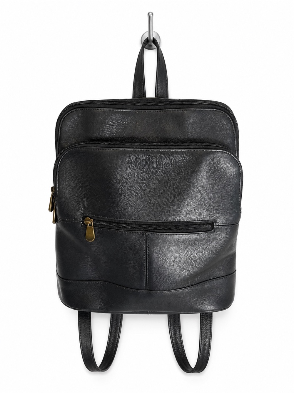Genuine Leather Black Backpack Purse Adjustable Straps Multi Pocket